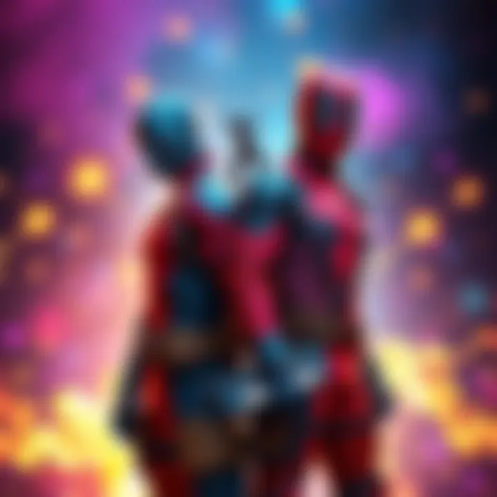 Blade and Deadpool stand back-to-back, ready for battle in a dynamic pose, with a vibrant background filled with energy effects.