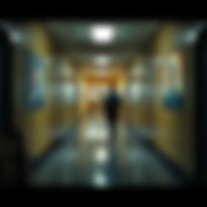 A scene showing Blake reflecting in the school's hallway, with flashback images appearing around him, symbolizing key moments from the game.