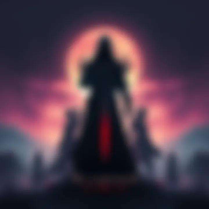 A fan art illustration depicting a dark, gothic character with a sword in a mystical landscape, surrounded by silhouettes of other characters and shadows, hinting at a new game release.