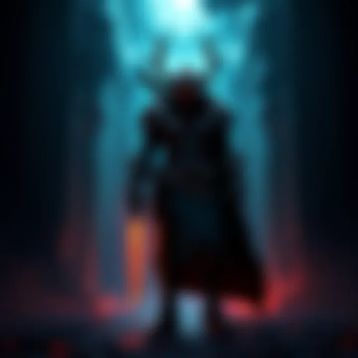 A character from the game Blasphemous with a unique design standing in a dark, atmospheric environment, showcasing the game's art style and mood.