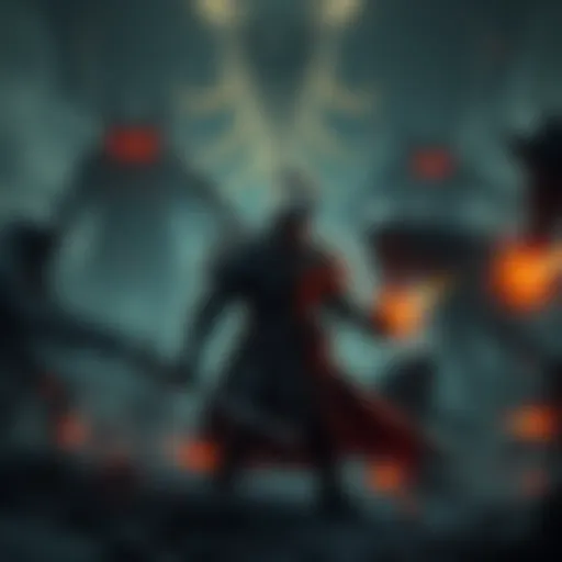 A character in heavy armor battles enemies in a dark, detailed environment with looming shadows and intricate designs.