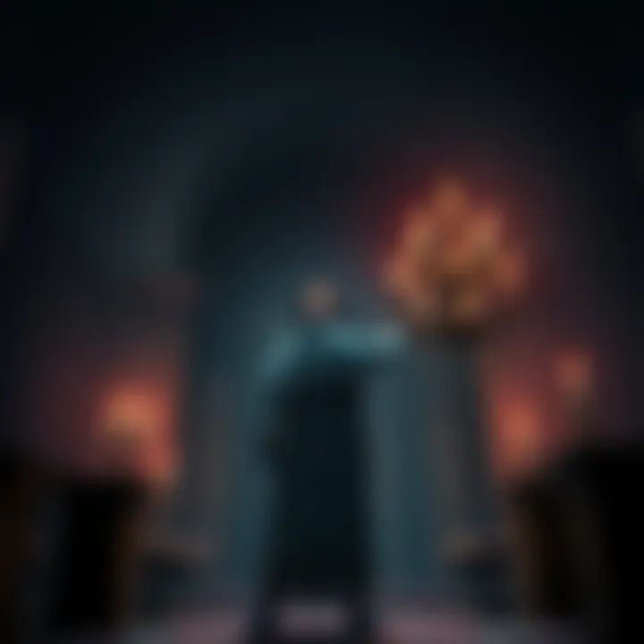 A character from Blasphemous reaching out to activate a chandelier in a dark, medieval setting