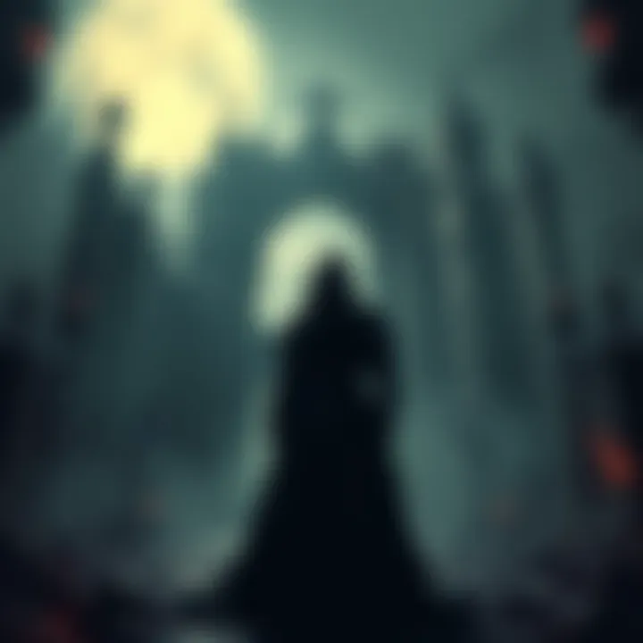 A character from Blasphemous: Lady of the Six Sorrows, dressed in dark robes, stands in a haunting landscape filled with gothic architecture and ominous shadows.