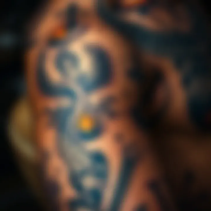 A close-up view of a bold blasphemous tattoo on a person's arm, featuring religious symbols intertwined with personal elements, showcasing the impact of body art on identity.