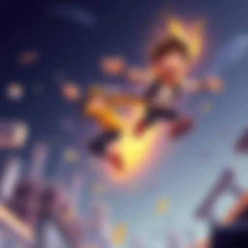 A character in Blast Off game performs a double jump, soaring above the ground with a joyful expression.