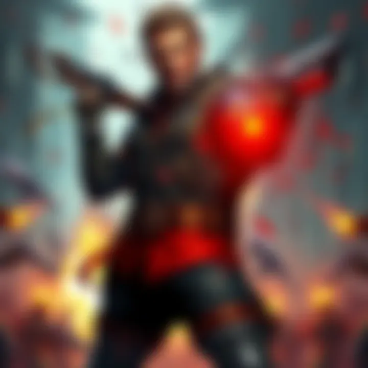 A heroic character resembling Blazkowicz stands confidently, wielding weapons against enemies in a dramatic gaming scene.
