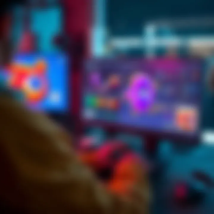 A person using Blender software on a computer to create 3D models with vibrant colors and design elements visible on the screen.