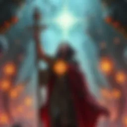 A blind cleric with a staff, wearing robes, surrounded by glowing magical symbols, showing strength and faith.