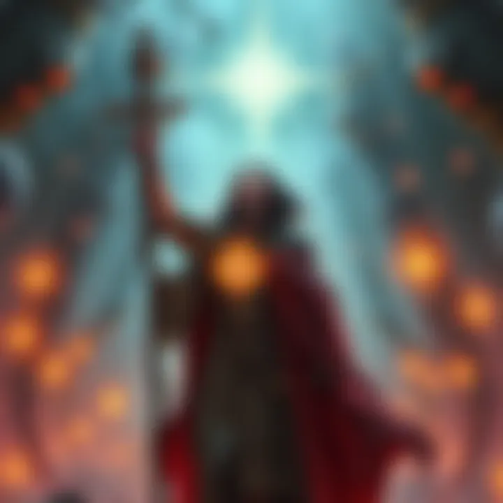 Blind cleric character in a fantasy setting A blind cleric with a staff, wearing robes, surrounded by glowing magical symbols, showing strength and faith.