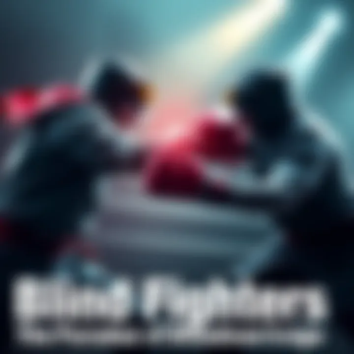 Two blind fighters engage in combat, attempting to strike each other while disoriented.
