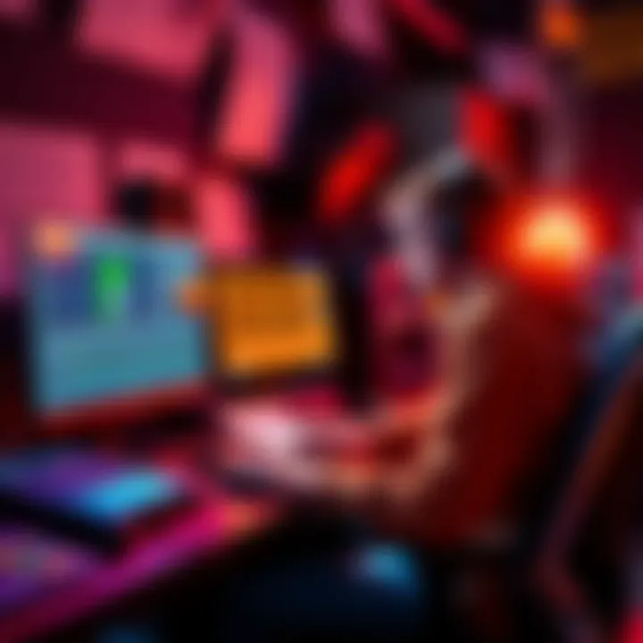 A blind sound designer working on a computer, focused on creating sound effects for the System Shock remake trailer, surrounded by sound equipment and notes.