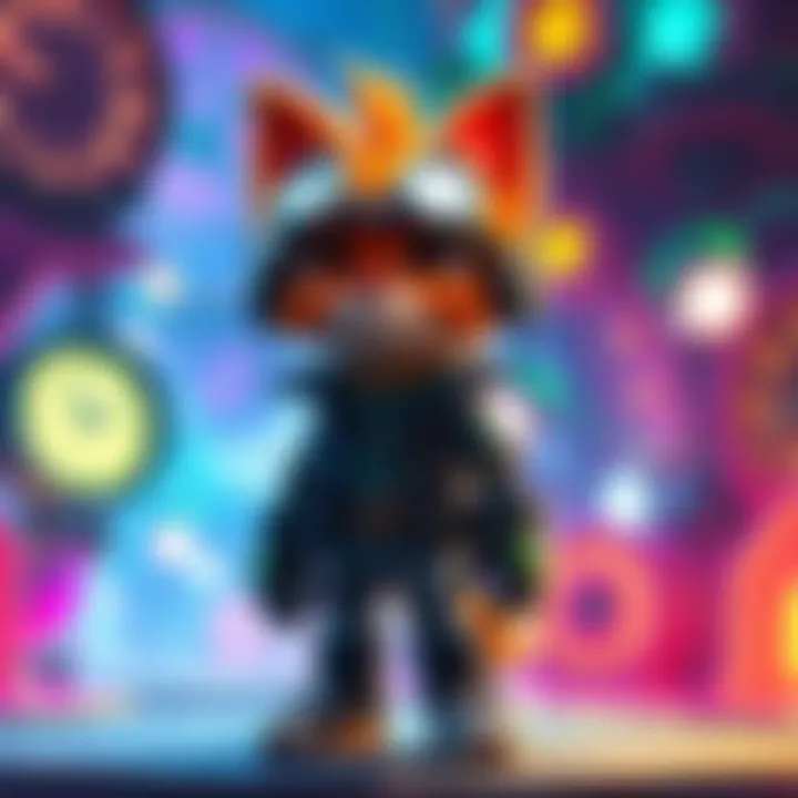 Blinx the Time Sweeper Character Blinx the Time Sweeper standing in a colorful gaming world, surrounded by time-related elements like clocks and gears, showcasing a vibrant and playful atmosphere.