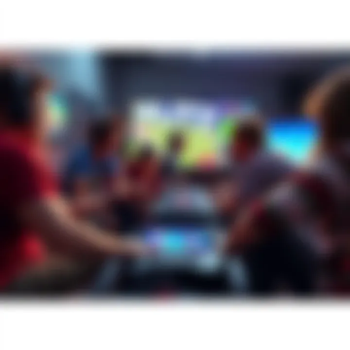 A group of gamers reminiscing about Blitz around a console, with game graphics on the screen