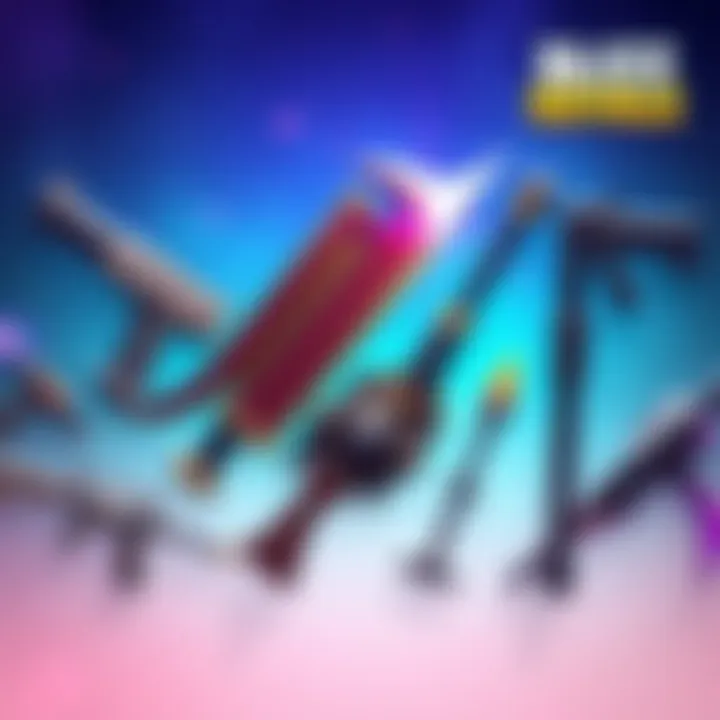 Trending Weapons and Items in Blitz Royale A collection of popular weapons and items from Blitz Royale on a vibrant background, showcasing their designs and appeal.