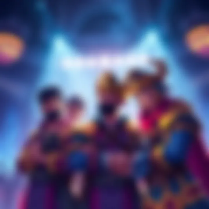 A group of players discussing the recent ban of Imbue Paladin cards in Brawliseum, looking relieved and excited about fair competition.