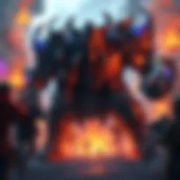 A large, powerful character in a gaming setting, dominating a battlefield while players express frustration around him.