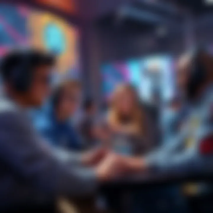 Gamers enthusiastically discussing strategies and deck builds around the new Blizzard expansion, with colorful graphics and character art on display.