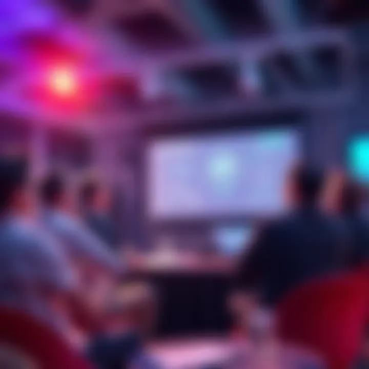Insights from BlockJam A group of experts discussing industry trends at BlockJam event, with a projector showing key topics on a screen.