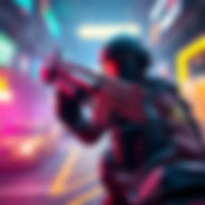 Blocky Shotgun in Action A blocky shotgun held by a character in a gaming environment, surrounded by digital elements and vibrant colors.