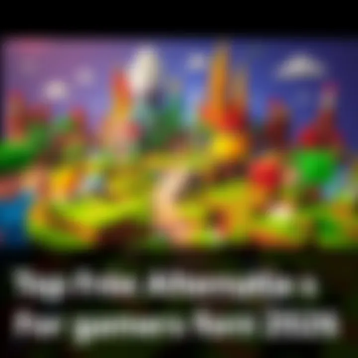 A colorful voxel-style world with various structures, trees, and characters exploring freely