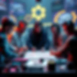 A team of game developers collaborating on a project, with sketches and game designs on the table.