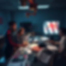 Bloober Team working on Silent Hill A team of game developers brainstorming ideas for the fifth Silent Hill game, with concept art and game design materials spread out on a table.