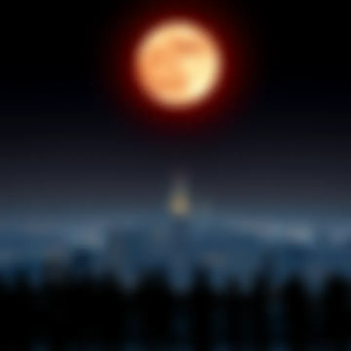 A blood moon shining brightly in the night sky above a city skyline, with excited people watching.