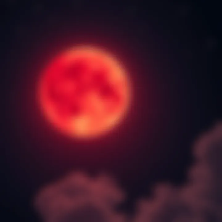 A bright Blood Moon with enhanced details shining in the night sky, surrounded by stars and clouds.