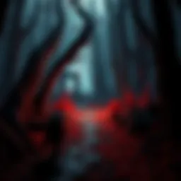 A character from Blood Omen exploring a dark forest path, with hints of ancient ruins in the background.