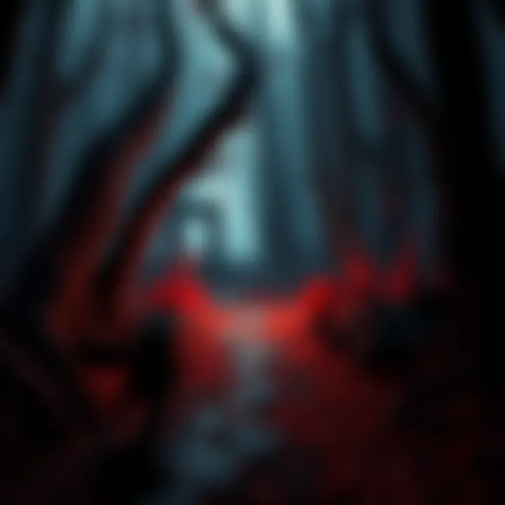 A character from Blood Omen exploring a dark forest path, with hints of ancient ruins in the background.