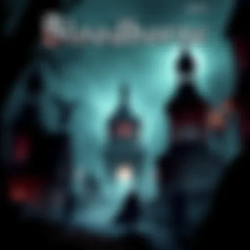 A dark, stylized poster featuring Bloodborne characters in a haunting landscape with gothic architecture.