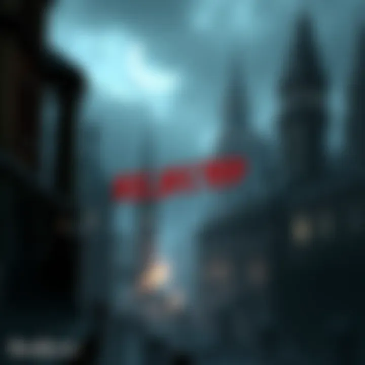 Concept art of gothic cityscape from Bloodborne featuring dark architecture and eerie atmosphere