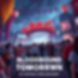 People gathering excitedly for the Bloodbound event, showcasing vibrant banners and decorations.