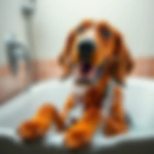 A playful Bloodhound getting a bath, splashing water everywhere with a joyful expression.