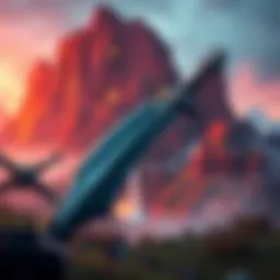 A close-up of Bloodhound's Fang, a curved sword with a distinctive design, surrounded by a mystical landscape from Elden Ring.