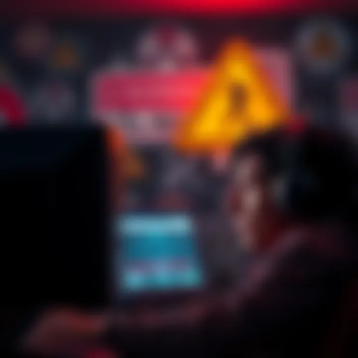 A player looking worried while playing Bloodstrike on a computer, with warning signs in the background.