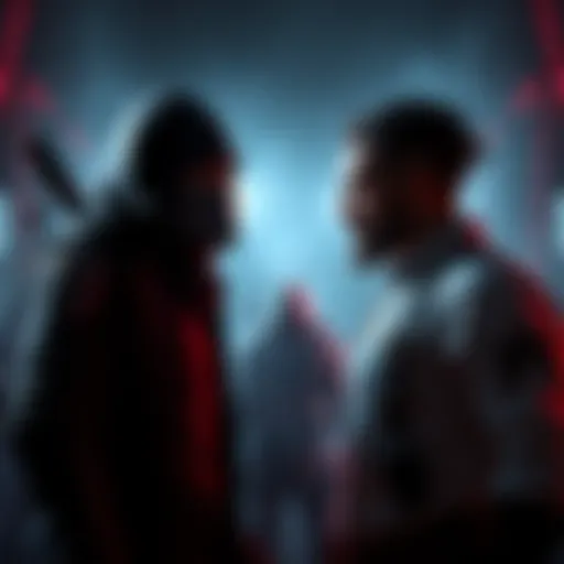 Main characters from Bloodwalker facing off in a dark, moody environment with eerie lighting