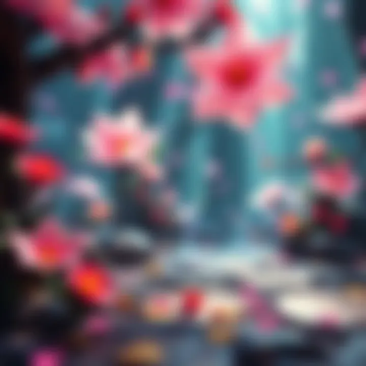 Blooming Mechanics in FF2R A visual representation of blooming mechanics in FF2R, showcasing colorful flower effects in a game environment.