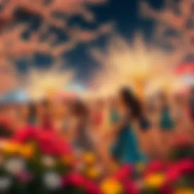 A lively scene of people dancing among colorful flowers at the Blossom Dance festival, celebrating spring.