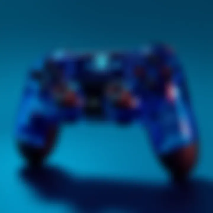 A see-through blue controller designed for playing Grand Theft Auto 5, showing internal components and design features.