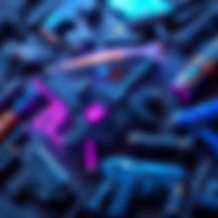 A display of blue and purple weapons from various video games, showcasing their unique designs and rarity.