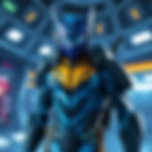 Blue Beetle character in a futuristic setting, showcasing mods and gear to enhance performance in SH.