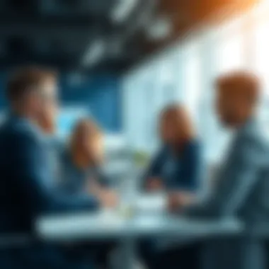 A group of business professionals discussing strategies influenced by Blue Draft in a modern office setting