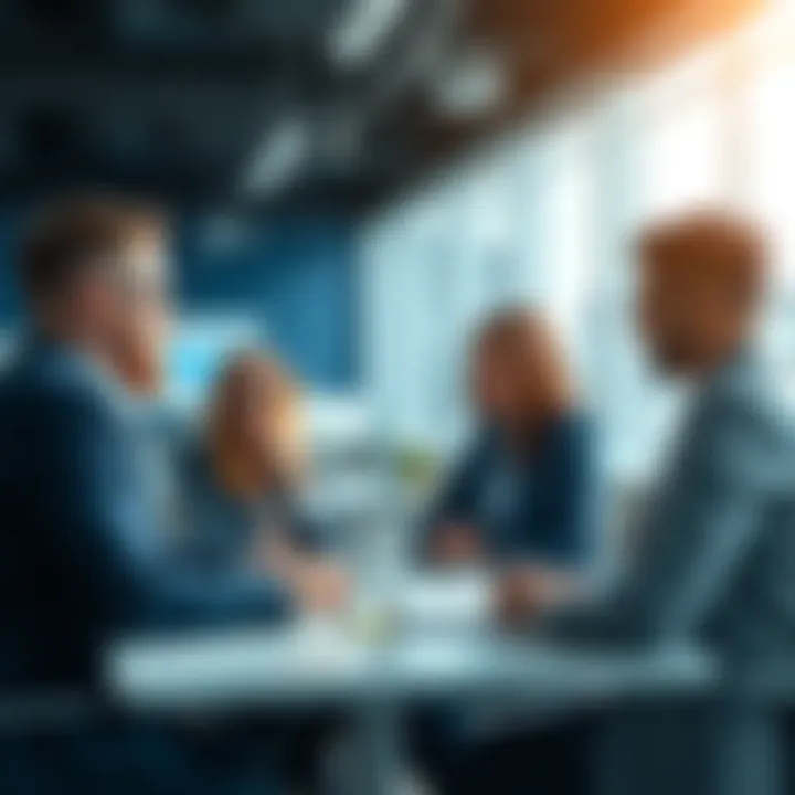 A group of business professionals discussing strategies influenced by Blue Draft in a modern office setting