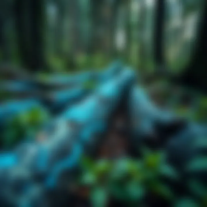 A close-up view of bright blue logs lying on the forest floor surrounded by green foliage