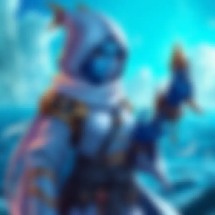 Blue Mage Character Design A Blue Mage dressed in soft blue robes with marine-themed accessories and magical elements, set against an ocean backdrop.