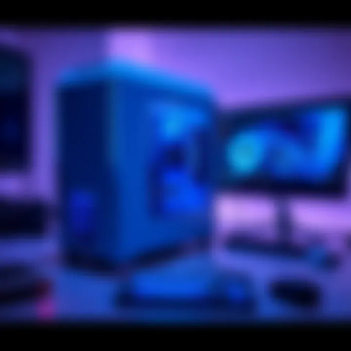 A sleek blue PC setup featuring a blue case, keyboard, and monitor, showcasing modern technology and style.