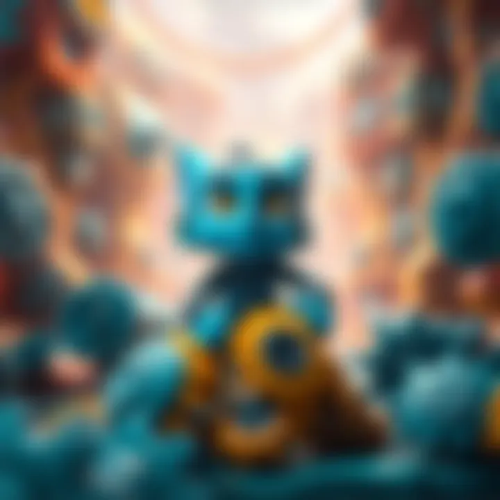Blue Protagonist in a Retro Game A blue character with a playful design collecting gears in a vibrant retro game world, reminiscent of classic RPG and platforming games.