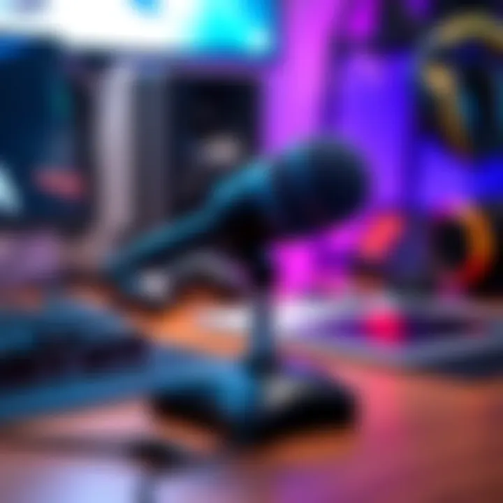 A Blue SnowBall Ice microphone placed on a wooden desk with gaming equipment in the background.