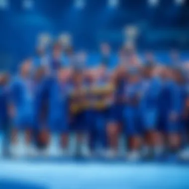 Members of the blue team celebrate their success after the competition, showcasing trophies and awards.